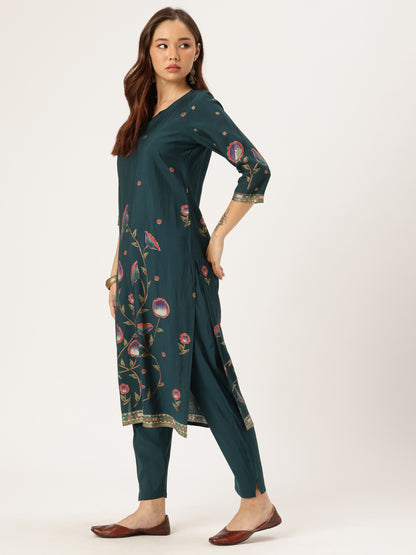 Teal Floral Printed Regular Kurta with Trouser & Dupatta