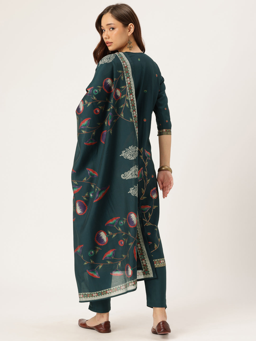 Teal Floral Printed Regular Kurta with Trouser & Dupatta