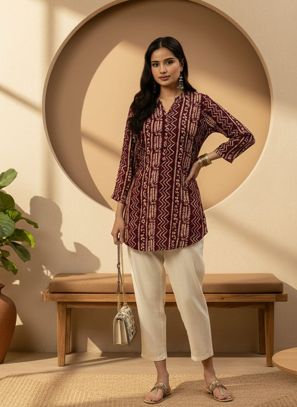 Wine Zig-Zag Print Tunic,  Zig-Zag Printed Tunic, printed tunic, mandarin collar Tunic, casual wear Tunic, women’s tunic, Office Wear Tunic
