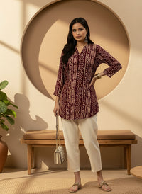 Wine Zig-Zag Print Tunic,  Zig-Zag Printed Tunic, printed tunic, mandarin collar Tunic, casual wear Tunic, women’s tunic, Office Wear Tunic
