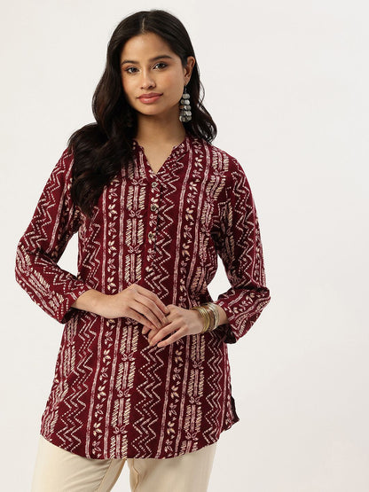 Wine Zig-Zag Print Tunic,  Zig-Zag Printed Tunic, printed tunic, mandarin collar Tunic, casual wear Tunic, women’s tunic, Office Wear Tunic