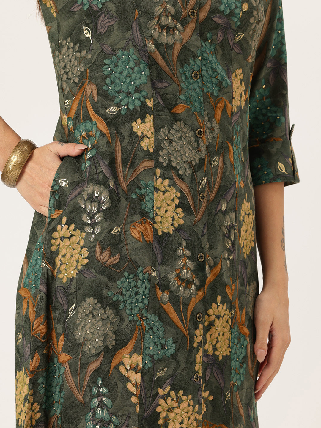 Olive Floral Printed Kurta