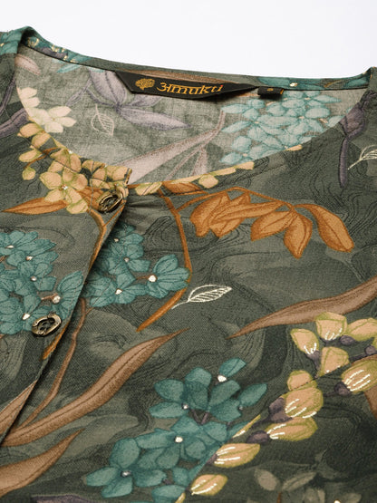 Olive Floral Printed Kurta