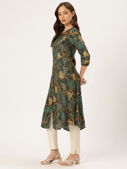 Olive Floral Printed Kurta