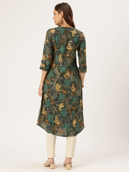 Olive Floral Printed Kurta