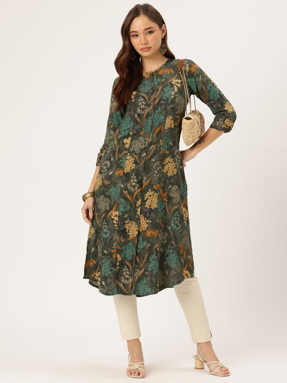 Olive Floral Printed Kurta
