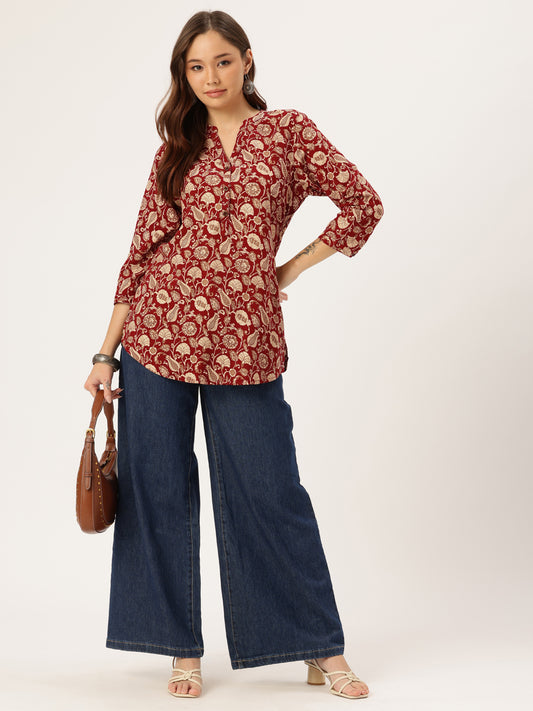 Maroon Floral Printed Mandarin Collar Tunic