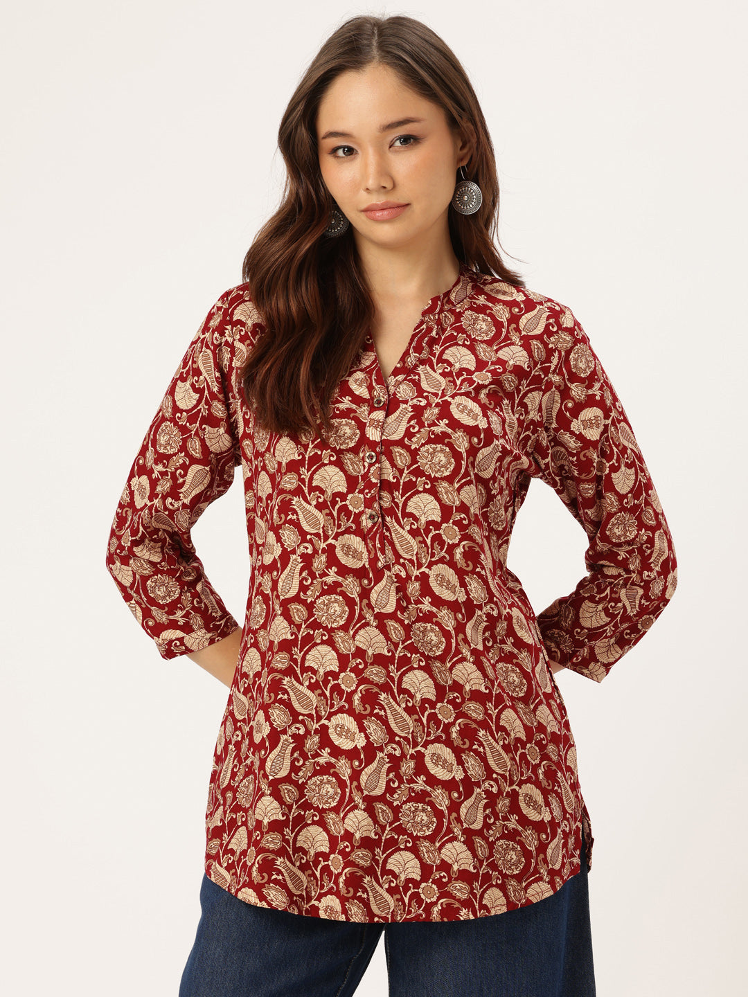 Maroon Floral Printed Mandarin Collar Tunic