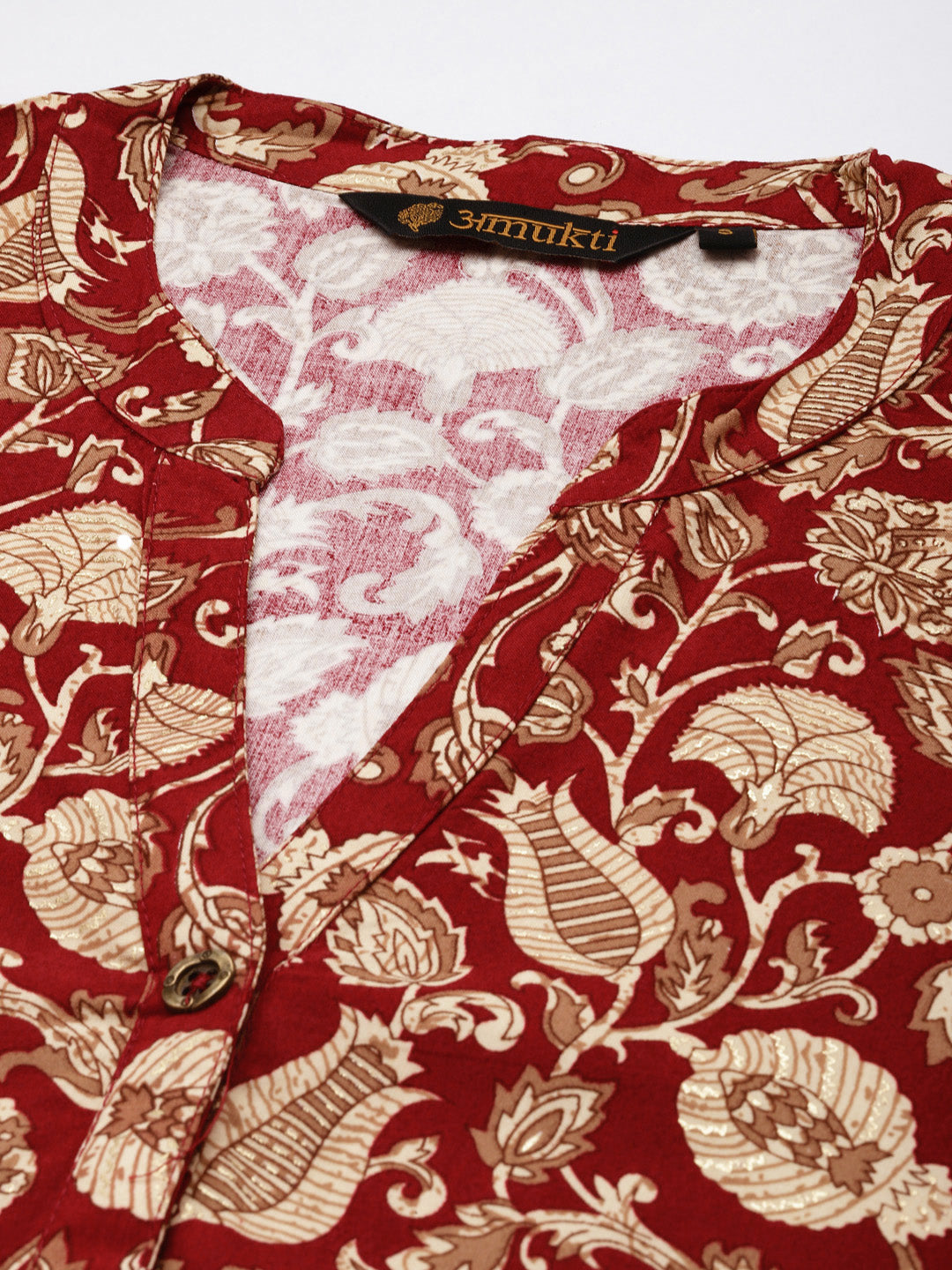 Maroon Floral Printed Mandarin Collar Tunic