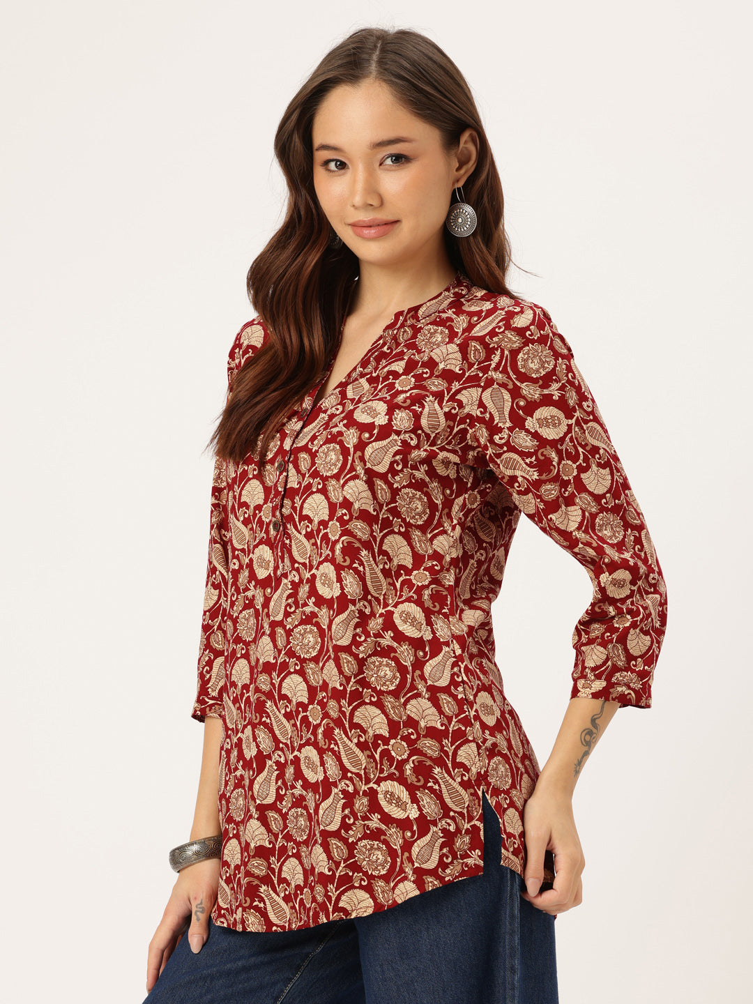 Maroon Floral Printed Mandarin Collar Tunic