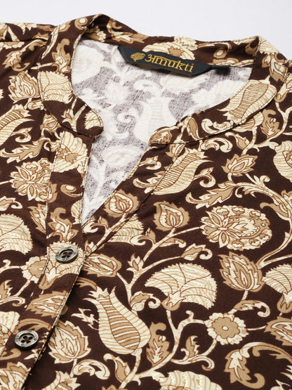 Brown Floral Printed Mandarin Collar Tunic, Floral Printed Tunic, printed tunic, mandarin collar Tunic, casual wear Tunic, women’s tunic, Office Wear Tunic