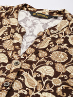 Brown Floral Printed Mandarin Collar Tunic
