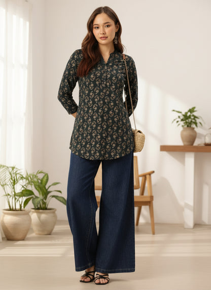 Navy Blue Floral Printed Mandarin Collar Tunic, Ethnic Printed Tunic, printed tunic, mandarin collar Tunic, casual wear Tunic, women’s tunic, Office Wear Tunic
