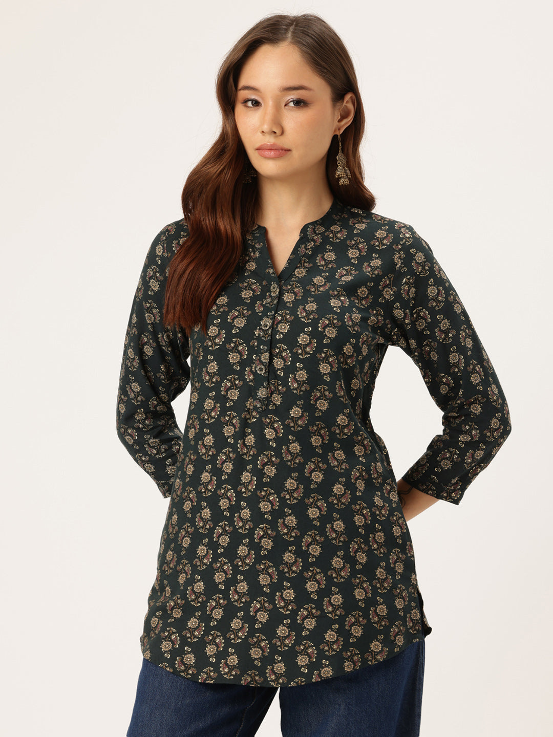 Navy Blue Floral Printed Mandarin Collar Tunic, Ethnic Printed Tunic, printed tunic, mandarin collar Tunic, casual wear Tunic, women’s tunic, Office Wear Tunic