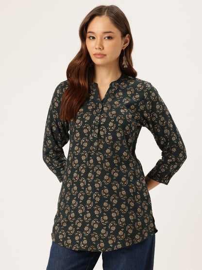 Navy Blue Floral Printed Mandarin Collar Tunic, Ethnic Printed Tunic, printed tunic, mandarin collar Tunic, casual wear Tunic, women’s tunic, Office Wear Tunic