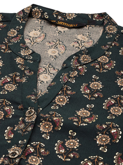 Navy Blue Floral Printed Mandarin Collar Tunic, Ethnic Printed Tunic, printed tunic, mandarin collar Tunic, casual wear Tunic, women’s tunic, Office Wear Tunic