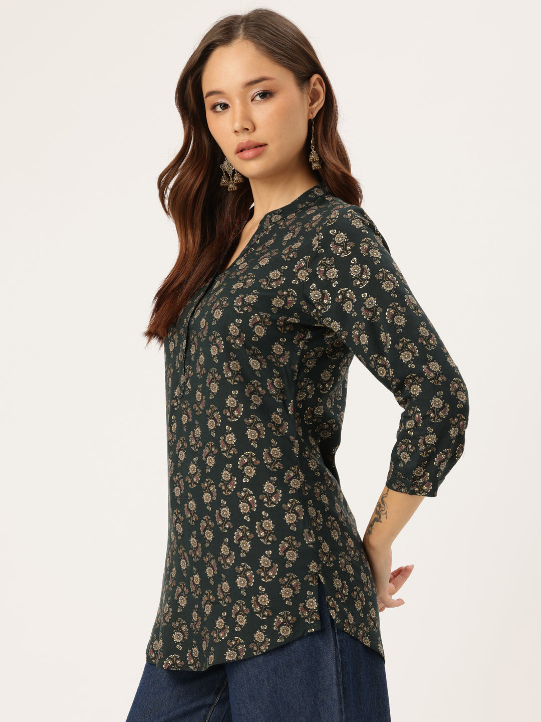 Navy Blue Floral Printed Mandarin Collar Tunic, Ethnic Printed Tunic, printed tunic, mandarin collar Tunic, casual wear Tunic, women’s tunic, Office Wear Tunic