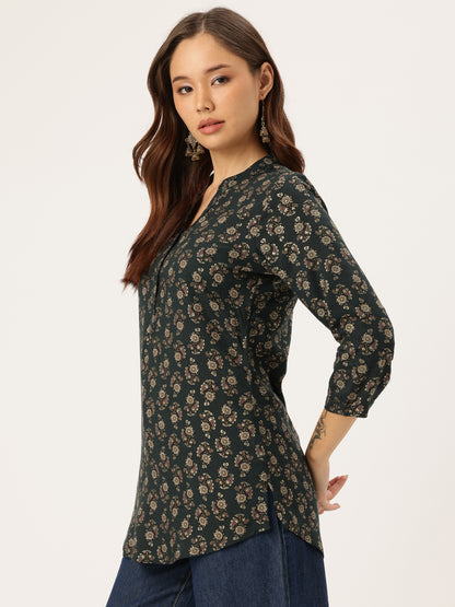 Navy Blue Floral Printed Mandarin Collar Tunic, Ethnic Printed Tunic, printed tunic, mandarin collar Tunic, casual wear Tunic, women’s tunic, Office Wear Tunic