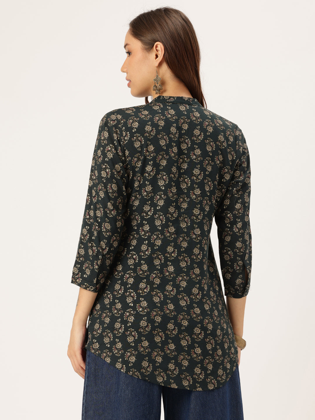 Navy Blue Floral Printed Mandarin Collar Tunic, Ethnic Printed Tunic, printed tunic, mandarin collar Tunic, casual wear Tunic, women’s tunic, Office Wear Tunic