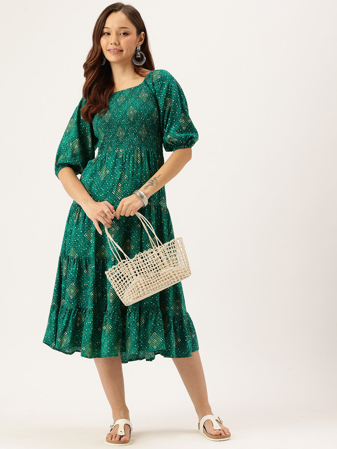 Green Printed Cuffed Sleeves Dress