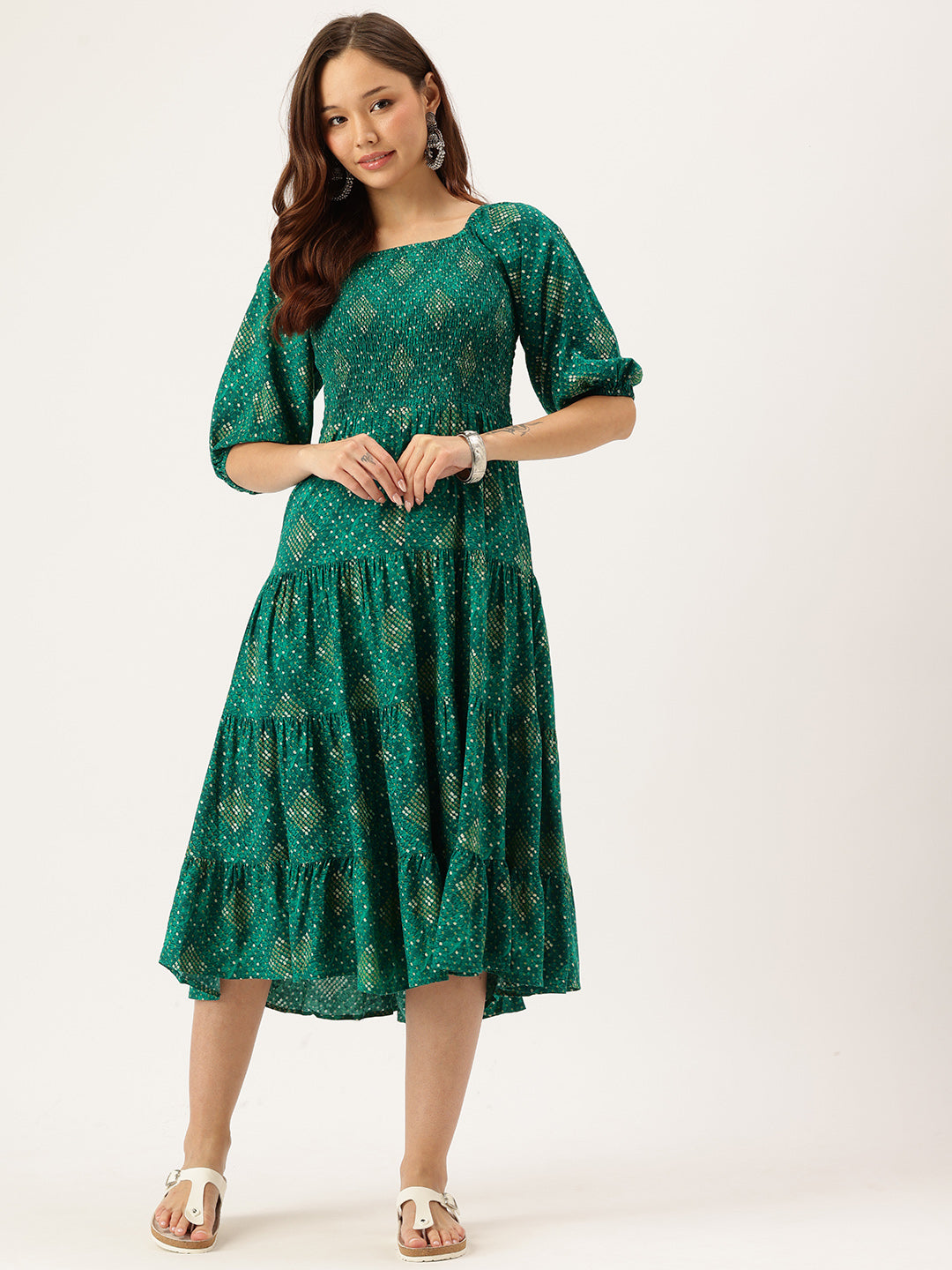 Green Printed Cuffed Sleeves Dress