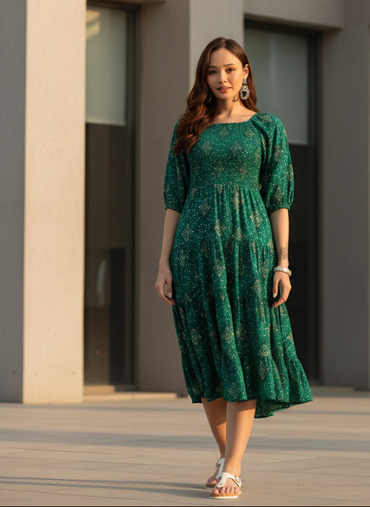 Green Printed Cuffed Sleeves Dress, midi dress, dress, women’s western wear, party wear dress, casual wear dress
