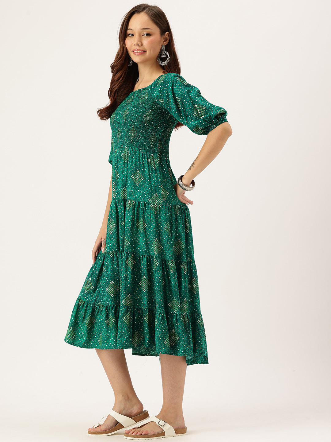Green Printed Cuffed Sleeves Dress
