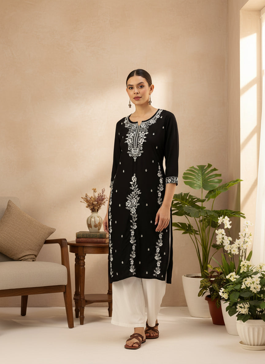 Black Floral Embroidered Kurta, Black Kurta, Embroidered Kurta, Printed Kurta, Black Color Kurta