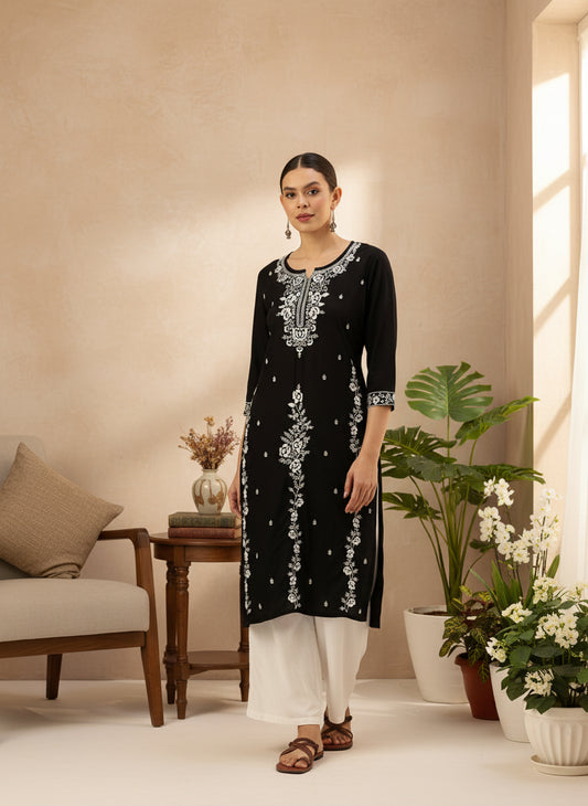 Black Floral Embroidered Kurta, Black Kurta, Embroidered Kurta, Printed Kurta, Black Color Kurta