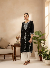 Black Floral Embroidered Kurta, Black Kurta, Embroidered Kurta, Printed Kurta, Black Color Kurta