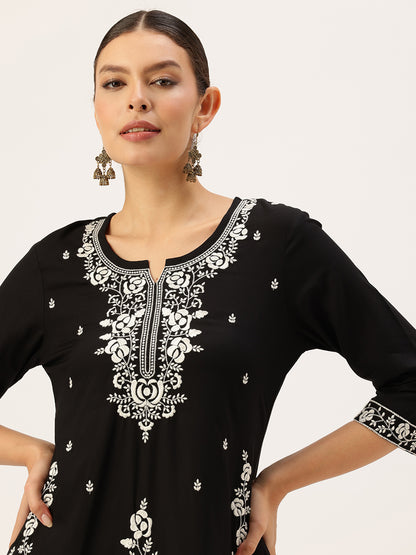 Black Floral Embroidered Kurta, Black Kurta, Embroidered Kurta, Printed Kurta, Black Color Kurta