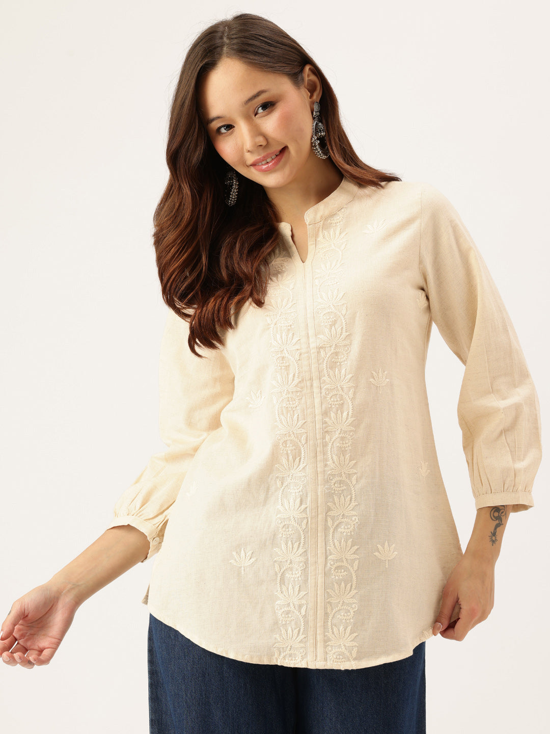 Beige Floral Embroidered Tunic, Embroidered Printed Tunic, printed tunic, mandarin collar Tunic, casual wear Tunic, women’s tunic, Office Wear Tunic