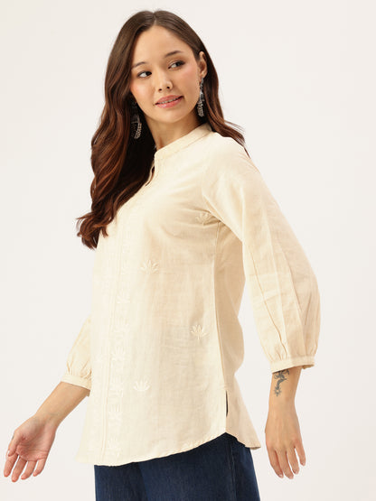 Beige Floral Embroidered Tunic, Embroidered Printed Tunic, printed tunic, mandarin collar Tunic, casual wear Tunic, women’s tunic, Office Wear Tunic