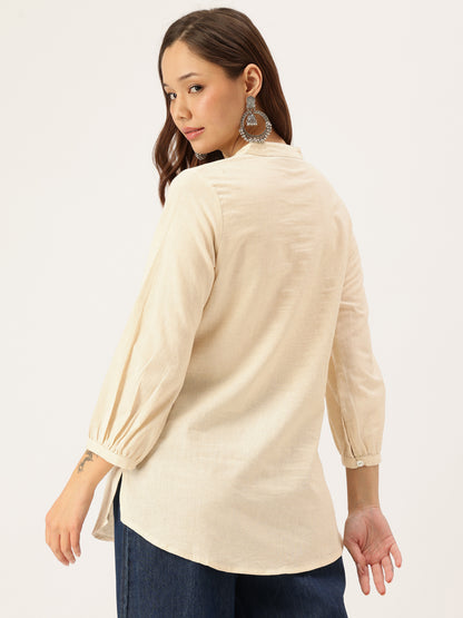 Beige Floral Embroidered Tunic, Embroidered Printed Tunic, printed tunic, mandarin collar Tunic, casual wear Tunic, women’s tunic, Office Wear Tunic