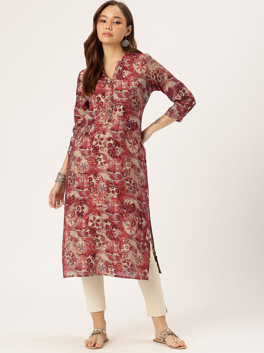 Red & Beige Floral Printed Kurta