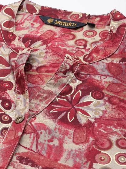 Red & Beige Floral Printed Kurta