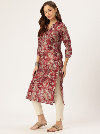 Red & Beige Floral Printed Kurta
