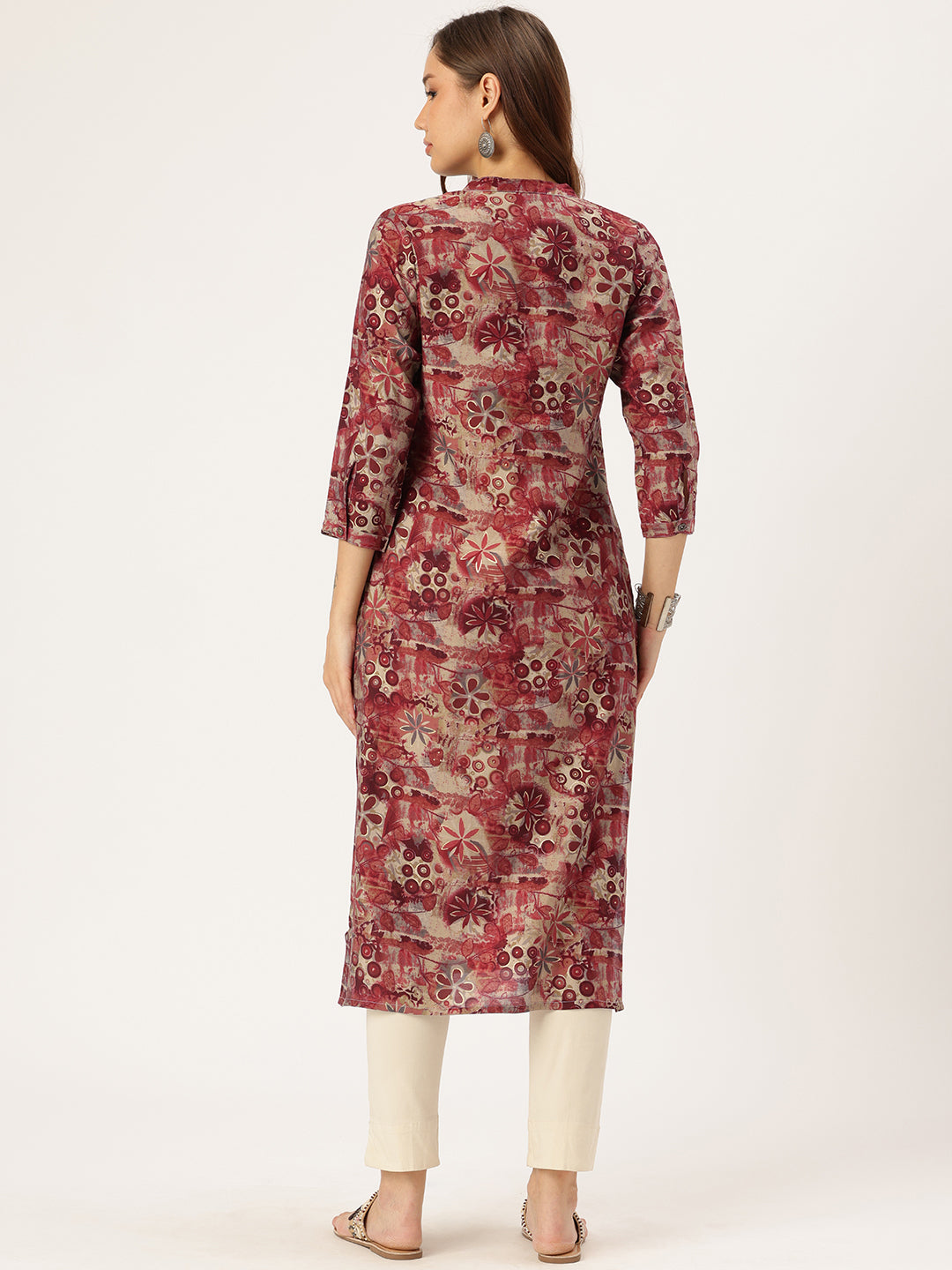 Red & Beige Floral Printed Kurta