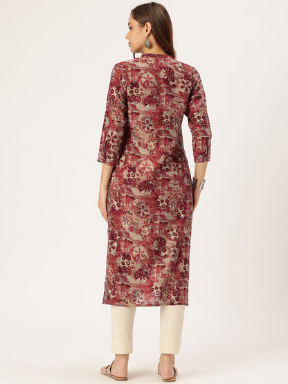 Red & Beige Floral Printed Kurta