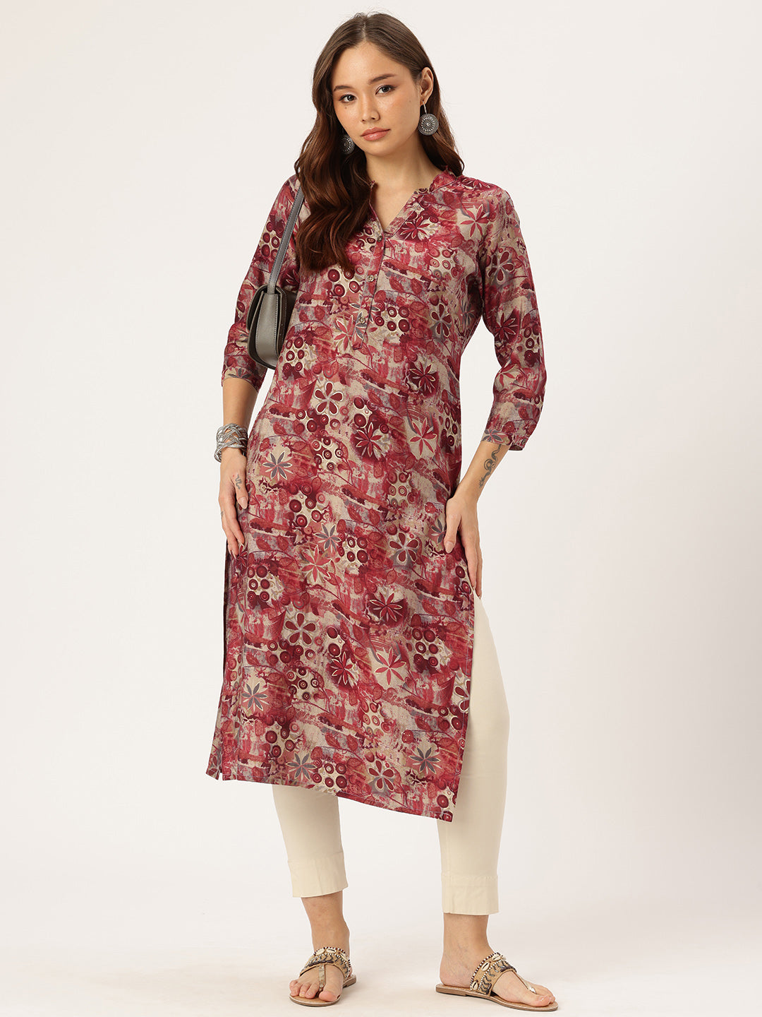 Red & Beige Floral Printed Kurta