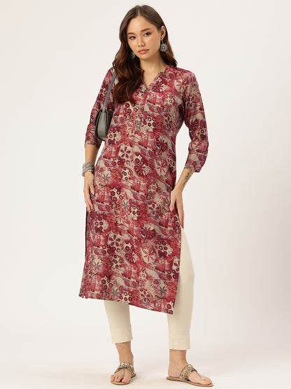 Red & Beige Floral Printed Kurta