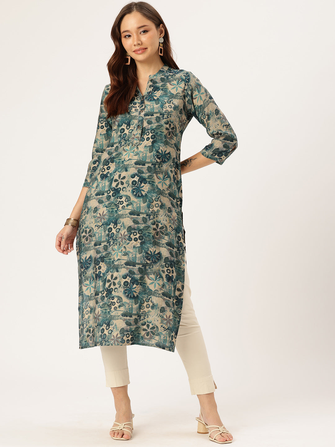 Blue & Beige Floral Printed Kurta