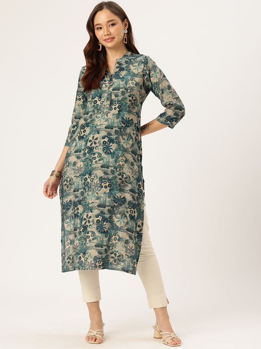 Blue & Beige Floral Printed Kurta