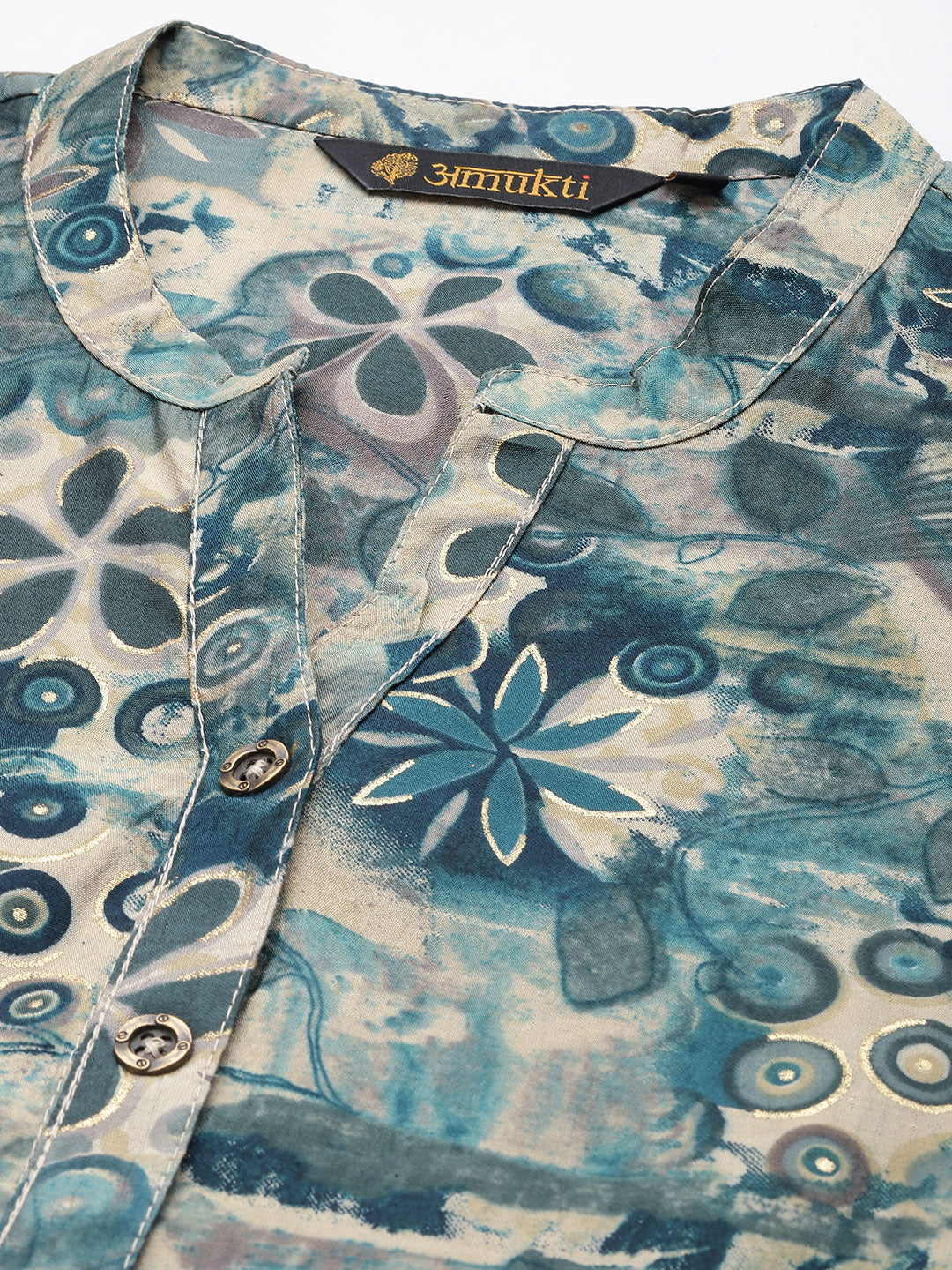 Blue & Beige Floral Printed Kurta