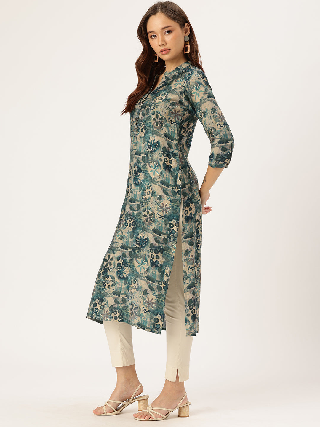 Blue & Beige Floral Printed Kurta