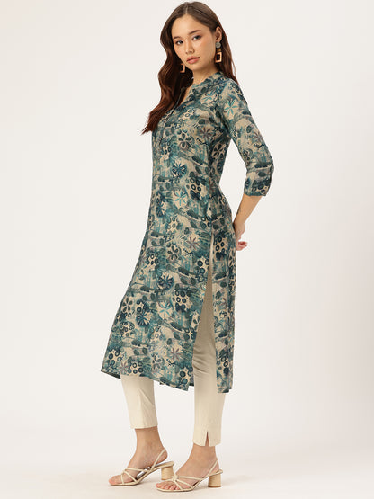 Blue & Beige Floral Printed Kurta