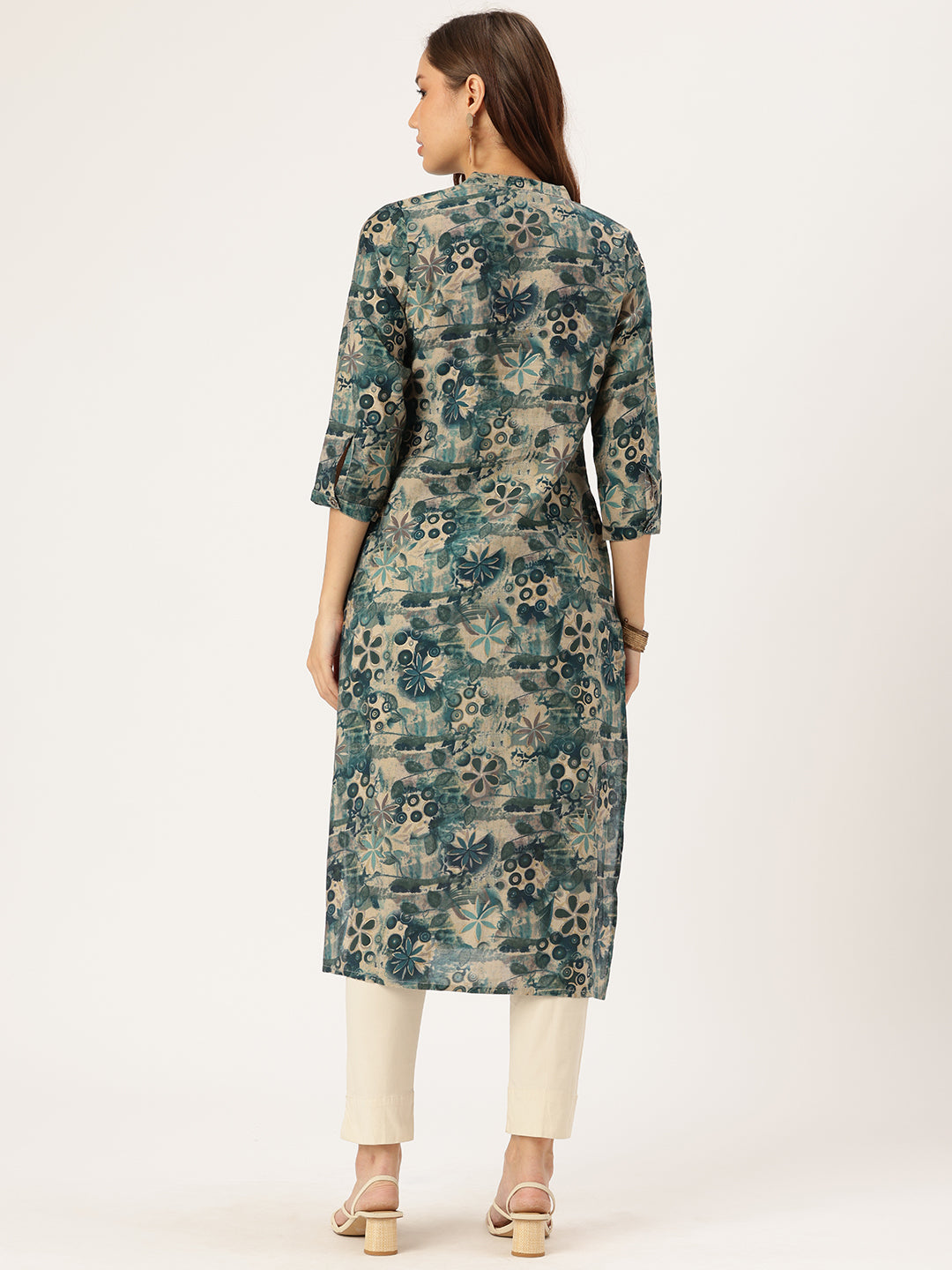 Blue & Beige Floral Printed Kurta