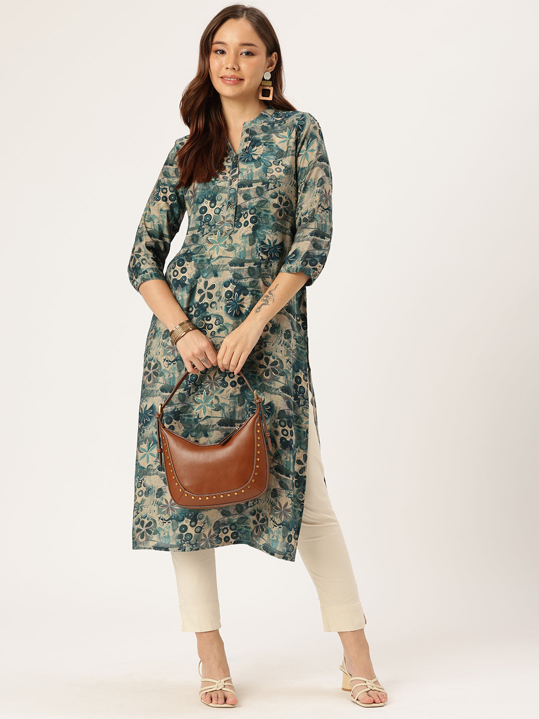 Blue & Beige Floral Printed Kurta