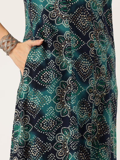 Blue Bhandhani  Printed Kurta, Princess Cur Kurta, A-Line Kurta, Bhandhani   Print, Vneck Kurta, printed kurta