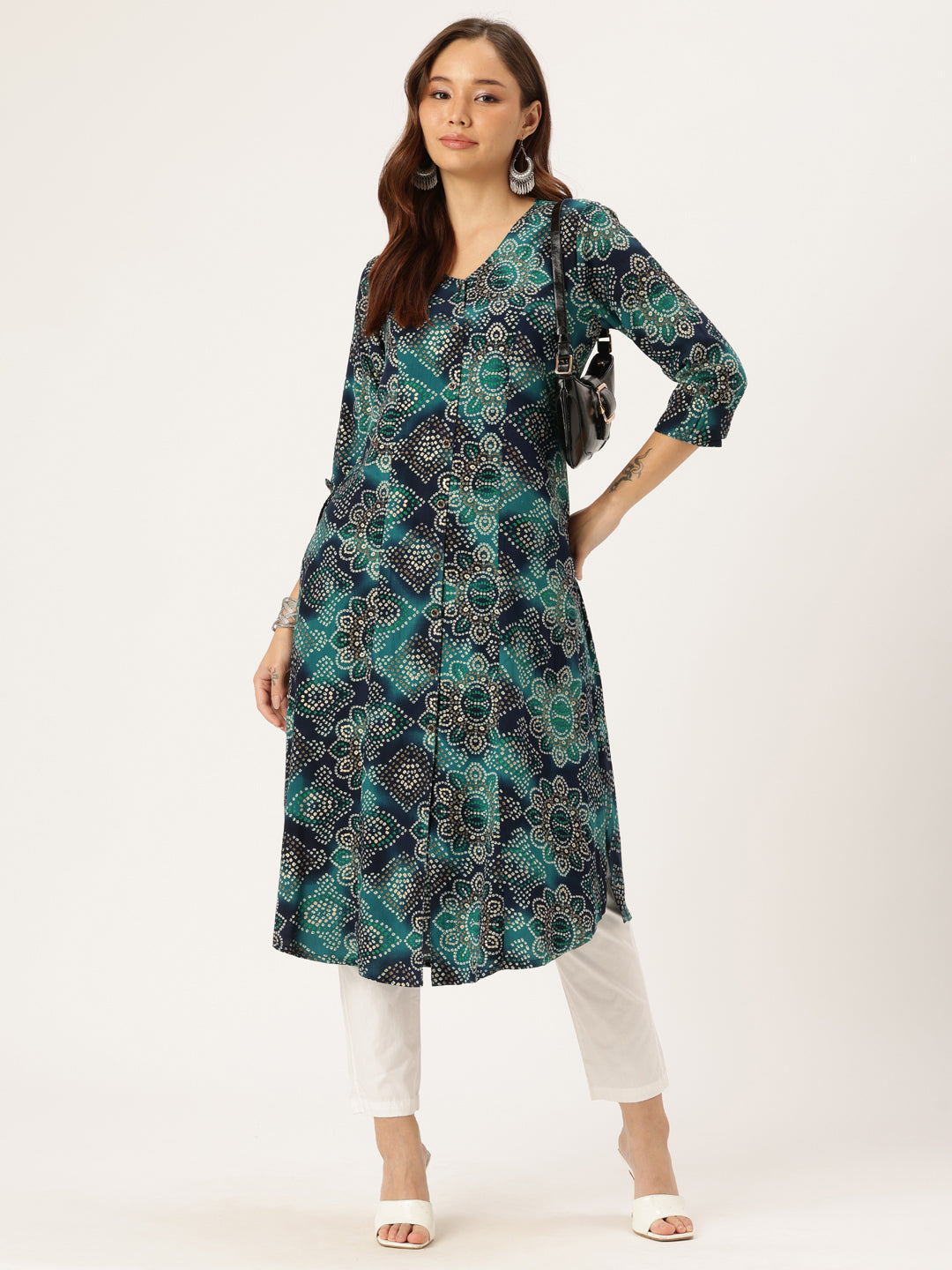 Blue Bhandhani  Printed Kurta, Princess Cur Kurta, A-Line Kurta, Bhandhani   Print, Vneck Kurta, printed kurta
